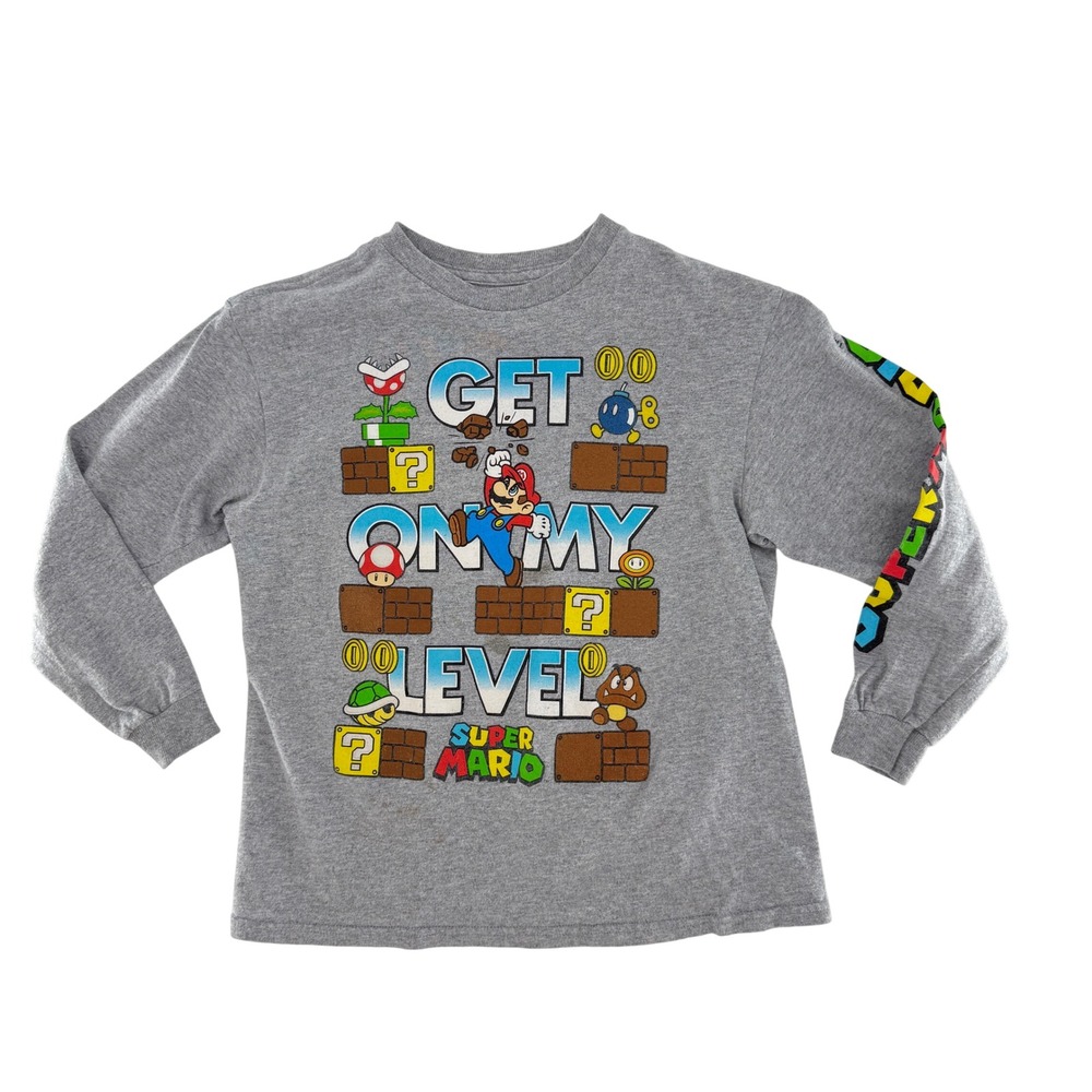 Super‎ Mario Bros Get On My Level Graphic Long Sleeve T-Shirt Kids Size 8 Flaw